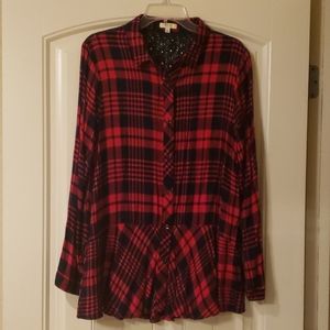 Long sleeve navy and red plaid shirt